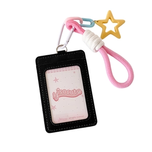Black leather photo card holder with pink braided rope and yellow star charm keychain