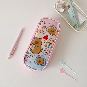 Close-up of pink cartoon pencil case with clear PVC window and cute bear patterns