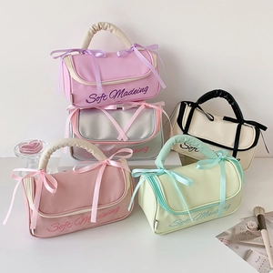 Minimalist large capacity PU leather pouches with bow ribbons and ruffled handles