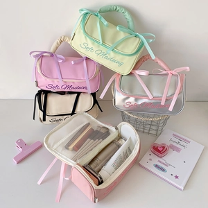 Sweet Ballet Style Handheld Makeup Bag PU Leather Large Capacity Waterproof Toiletry Organizer With Ribbon Bow