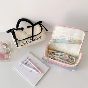 Large capacity PU stationery bag with handle and ribbon in minimalist aesthetic style