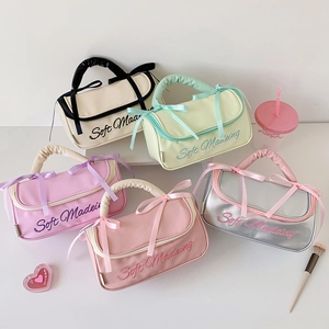 Minimalist large capacity portable PU storage bags with Soft Madeing embroidery and bow