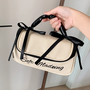 Cute ballet style large capacity cream makeup bag with black bows and carry handle