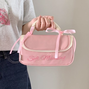 Pink bow handbag pencil case with ribbon handle and cute embroidery for stationery