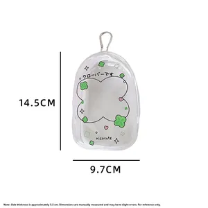 Detailed size view of a transparent clover doll display bag with a top metal hook