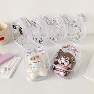 Cute transparent PVC doll display bag with various cartoon prints and a metal hook