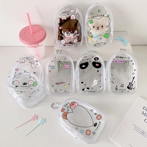Cute transparent PVC plush doll display bag with colorful cartoon patterns and hooks