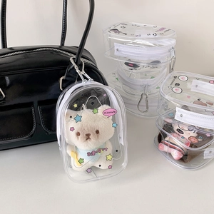 Transparent PVC doll display bag with Hisocute design and white plush bear charm