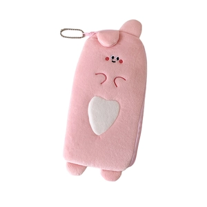 Cute pink plush animal pencil case with heart patch and soft embroidery for students