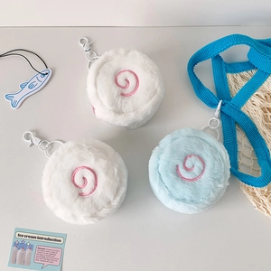 Round Plush Coin Purse Spiral Fish Cake Design Soft Mini Wallet With Hook For Women Girls Earphone Case Bag Charm Pendant