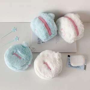 Cute plush fish cake pouch for headphones in blue and white colors with Jisocute embroidery