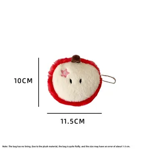 Detailed size view of red plush apple coin purse with soft texture and chain strap