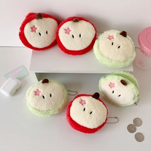 Cute Plush Apple Coin Purse Cartoon Fruit Shaped Small Earphone Pouch With Metal Chain For Girls Women Storage