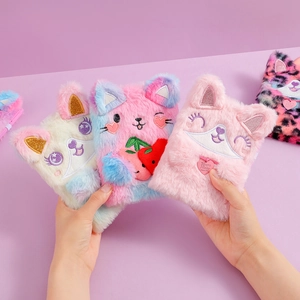Cute plush cat-themed notebook set with embroidery details and soft faux fur texture
