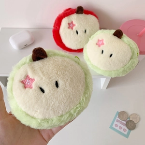Cute apple-shaped plush coin purse and earphone bag with soft faux rabbit fur texture