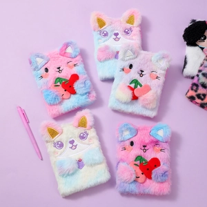 Close-up of colorful plush cat notebooks with soft faux fur and cute cherry embroidery