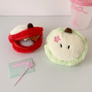 Cute plush apple coin purse interior showing storage for earphones and small items