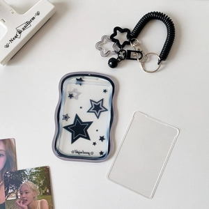 Star pattern sliding card holder with black spiral spring lanyard and keychain kit