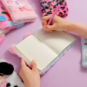 Cute cartoon plush cat and dog notebook set with pen and heart pendant accessory