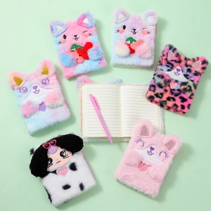 Detailed view of plush animal notebook interior with lined paper and fuzzy cat cover