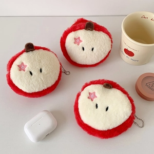 Cute plush apple coin purse with metal bead chain and soft zipper closure for storage