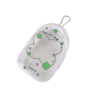 Clear oval clover print storage bag with metal carabiner for doll display and accessories