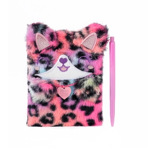 Detailed view of colorful plush cat notebook set featuring faux fur and sequin ears