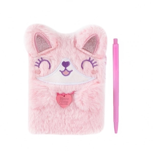 Detail of pink plush cat notebook set featuring soft fur texture and matching pen