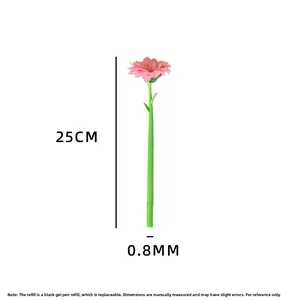 Detailed 25cm artificial flower pen with pink petals and refillable 0.8mm black ink tip