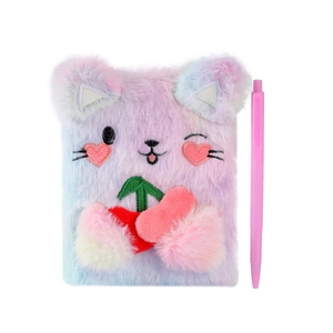 Close-up of cat-themed plush notebook set with colorful gradient fur and matching pen