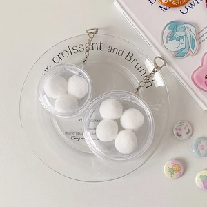 Detail of round clear PVC badge bag with zipper and white plush balls for display