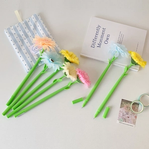 Colorful daisy artificial flower pens with green stems and striped storage bag