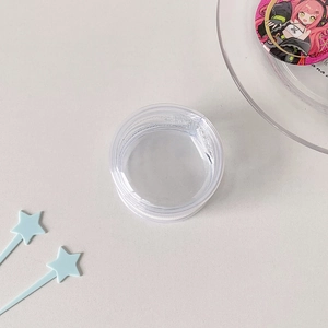 Detail view of transparent circular PVC storage bag with a white zipper closure for badges