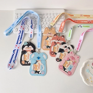 Detail of cute panda and animal lanyard card holders with transparent ID windows