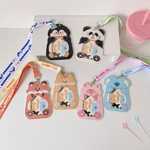 Cute animal shaped PU leather card holder set with matching lanyards for students