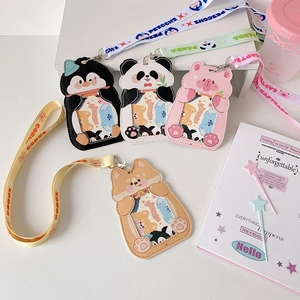 Cartoon animal PU card holder set with matching lanyards featuring penguin and panda designs