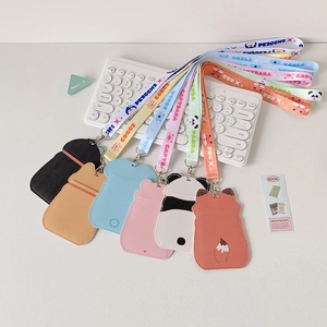 Cartoon animal card holders with lanyards featuring penguin, corgi, and koala designs