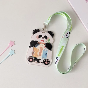 Detail of panda cartoon PU card holder with green lanyard and fine edge stitching