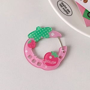 Pink strawberry acrylic carabiner with Hisocute text and green leaf patterns