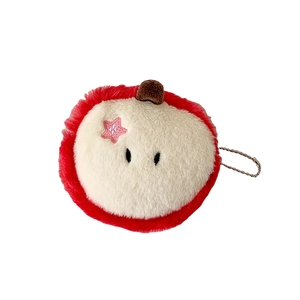Cute apple plush coin purse with red faux fur and star embroidery on white background