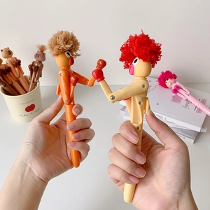 Creative cartoon stress-relief boxing pen with punching mechanism and plush hair detail