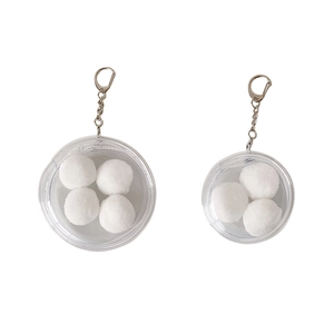 Clear PVC round badge display bag with white pompom filler and metal keychain strap