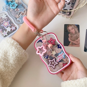 Pink star photocard holder with spiral wrist strap and star pendant accessories