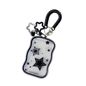 Star pattern PVC card holder with wave edges, black spring keychain and star charms