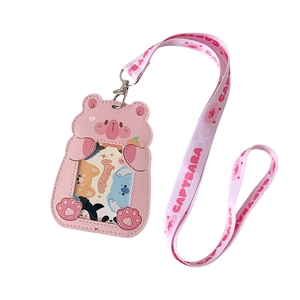 Pink Capybara cartoon ID card holder with matching neck lanyard for student cards