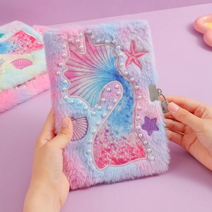 Carnet A5 en peluche queue de sirène avec cadenas, journal intime doux pour enfants violet