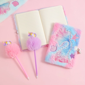 Set carnet licorne sirène en peluche A5 avec serrure et stylos à pompons pour enfants