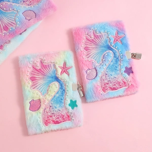 Carnet A5 en peluche sirène avec serrure métallique et décorations de paillettes