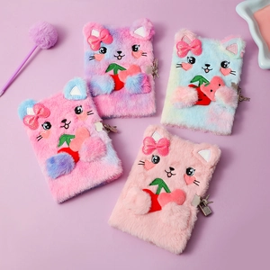 Detail of furry plush cat notebooks with heart embroidery and metal security locks