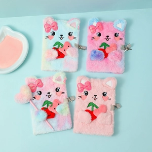 Detailed view of plush cat journals with metal heart locks and keys for girls